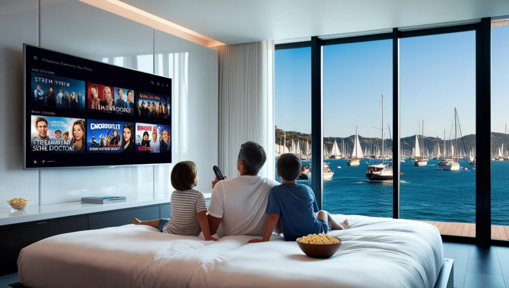 Padre e figli su letto guardano TV hotel con Philips Media Suite